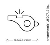 Whistle linear icon. Sports equipment. Coaching. Referee whistle. Alert signal. Attention sound during game. Thin line illustration. Contour symbol. Vector outline drawing. Editable stroke