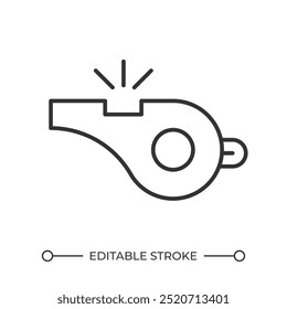 Ícone linear de assobio. Equipamento desportivo. Treinamento. Apito do árbitro. Sinal de alerta. Som de atenção durante o jogo. Ilustração em linha fina. Símbolo de contorno. Desenho de contorno de vetor. Traçado editável