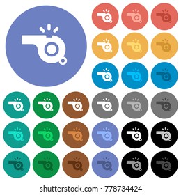 Whistle multi colored flat icons on round backgrounds. Included white, light and dark icon variations for hover and active status effects, and bonus shades on black backgounds.