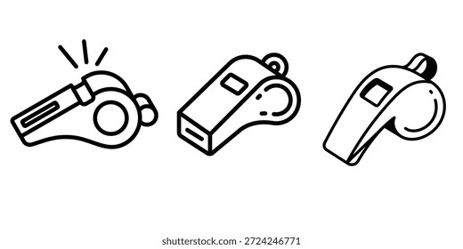 Whistle outline icon set isolated on white background for referee sport emergency and alert symbol.