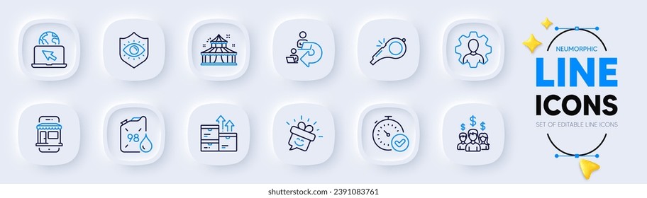 Whistle, Petrol canister and Circus line icons for web app. Pack of Fast verification , Marketplace, Salary employees pictogram icons. Delegate work, Smile, Professional signs. Vector