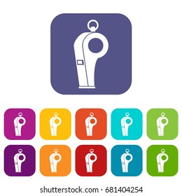 Whistle of refere icons set vector illustration in flat style in colors red, blue, green, and other