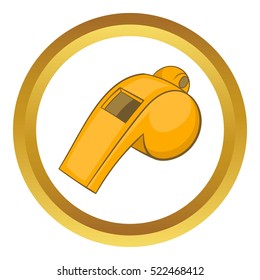 Whistle of referee vector icon in golden circle, cartoon style isolated on white background