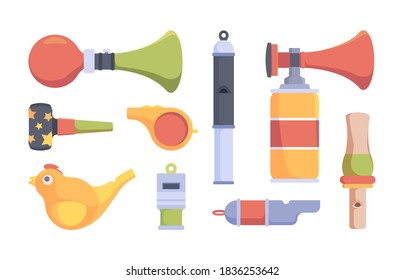 Whistle set. Security policemen or sport coach items colored whistles vector collection