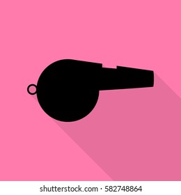 Whistle sign. Black icon with flat style shadow path on pink background.
