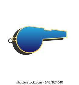Whistle sign. Blue icon with gold contour with dark gray shadow at white background. Illustration.