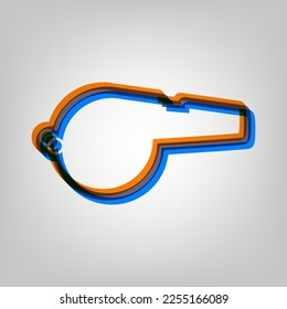 Whistle sign. Stroked Icon in orange, azure and old lavender Colors at gray Background. Illustration.