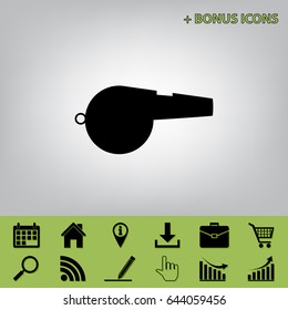 Whistle sign. Vector. Black icon at gray background with bonus icons 