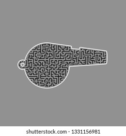 Whistle sign. Vector. Black maze filled icon with white border at gray background.