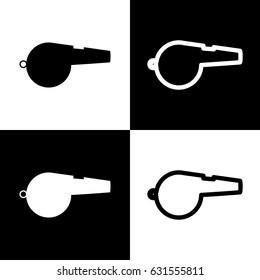 Whistle sign. Vector. Black and white icons and line icon on chess board.