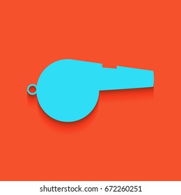 Whistle sign. Vector. Blue icon with soft shadow putted down on flamingo background.