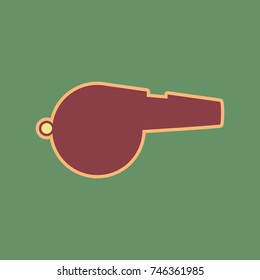 Whistle sign. Vector. Cordovan icon and mellow apricot halo with light khaki filled space at russian green background.