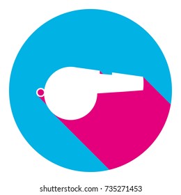 Whistle sign. Vector. Flat white icon with mexican pink shadow inside sky blue(S and G) circle at white background. Isolated. Trend colors in 2017.