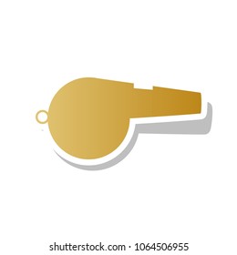 Whistle sign. Vector. Golden gradient icon with white contour and rotated gray shadow at white background.