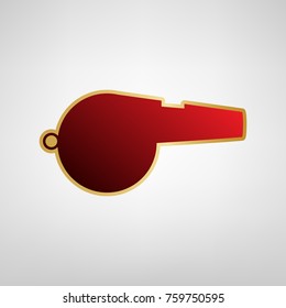 Whistle sign. Vector. Red icon on gold sticker at light gray background.
