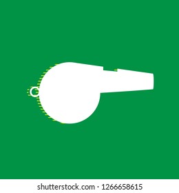 Whistle sign. Vector. White flat icon with yellow striped shadow at green background.