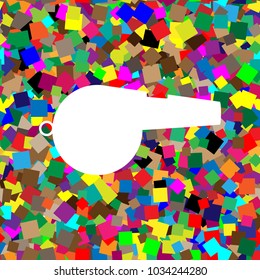 Whistle sign. Vector. White icon on colorful background with seamless pattern from squares.