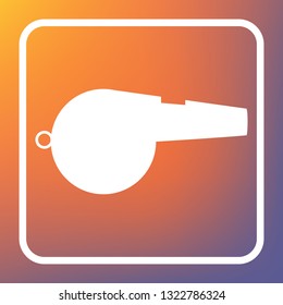 Whistle sign. Vector. White icon on transparent button at orange-violet gradient background.