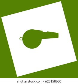Whistle sign. Vector. White icon obtained as a result of subtraction rotated square and path. Avocado background.