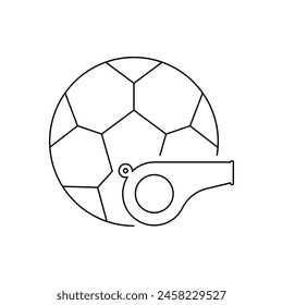 Whistle and soccer ball. Football referee icon line style isolated on white background. Vector illustration