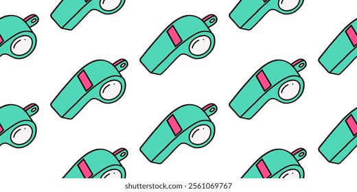 Whistle for sports. a device that creates sound vibrations. Make a loud sound. seamless pattern, wallpaper, textile, print isolated on white background. Hand drawn vector illustration.