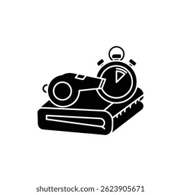Whistle and stopwatch on blanket icon in black filled design