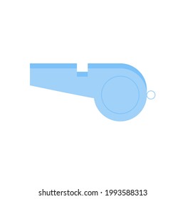 Whistle symbol isolated on white background. Illustration of blue referee sound beep. Cartoon vector in flat style