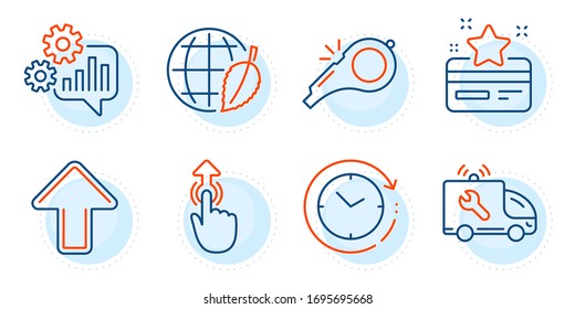 Whistle, Upload and Swipe up signs. Cogwheel, Loyalty card and Environment day line icons set. Time change, Car service symbols. Engineering tool, Bonus points. Business set. Outline icons set. Vector
