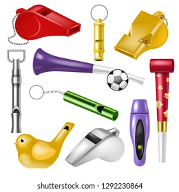 Whistle vector coach whistling sound tool and fan blowing equipment of referee judging game illustration set of trainer whistle-blowing on sport competition isolated on white background