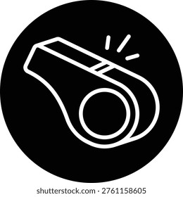 Whistle vector symbol. White line art style isolated on black circle background. Perfect for app button or UI element. This professional sports official graphic is designed for coaching, refereeing, and athletic training notification systems.
