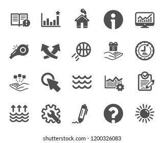 Whistle, Waves and Sun icons. Customisation, Global warming and Question mark signs. Signature Rfp, Information and Efficacy icons. Waves, Consolidation and Operational excellence. Vector