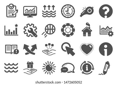 Iconos de Silbato, Olas y Sol. Señales de personalización, calentamiento global y signos de interrogación. Firma Iconos Rfp, Información y Eficacia. Olas, Consolidación y Excelencia Operacional. Conjunto de calidad. Vector