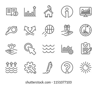 Iconos de línea Sillas, Olas y Sol. Señales de personalización, calentamiento global y signos de interrogación. Firma Símbolos Rfp, Información y Eficacia. Caja de Regalo, Consolidación y Excelencia Operativa. Vector