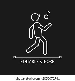 Whistle white linear icon for dark theme. Bad habit. Person walking merrily and whistling melody. Thin line customizable illustration. Isolated vector contour symbol for night mode. Editable stroke