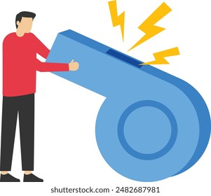 Whistleblower business insider mistake to disclose information illegally to public concept, businessman blowing whistle pointing signal to inform others. flat vector illustration on a white background