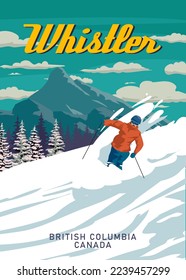 Whistler Travel Ski resort poster vintage. Canada, British Columbia winter landscape travel card