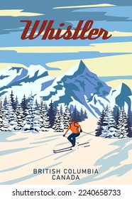 Whistler Travel Ski resort poster vintage. Canada, British Columbia winter landscape travel card