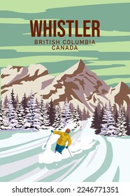 Whistler Travel Ski resort poster vintage. Canada, British Columbia winter landscape travel card