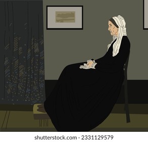 Whistler's Mother in vector. Vector illustration. An elderly woman is sitting on a chair. Famous picture. American artist. Mother in black dress. In a white scarf. woman sitting in the 