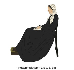 Whistler's Mother in vector. Vector illustration. An elderly woman is sitting on a chair. Famous picture. American artist. Mother in black dress. In a white scarf. 
