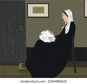 Whistler's mother in vector. vector illustration. An elderly woman is sitting on a chair. famous picture. American artist. mother in black dress. Elderly woman. Petting a cat
