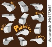 Whistles isolated against a dark brown background and displayed in different angles. Icon Whistle. Whistle set. 