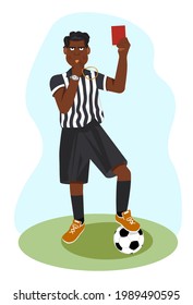 Silbando a árbitro de fútbol afroamericano mostrando una mano detenida durante un partido, ilustración del vector de carácter humano. Caricatura deportiva, árbitro futbolístico, juez de un ícono de silbato, entrenador de fútbol