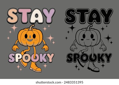 Whistling Pumpkin cartoon retro groovy Vintage Halloween Vector Illustration