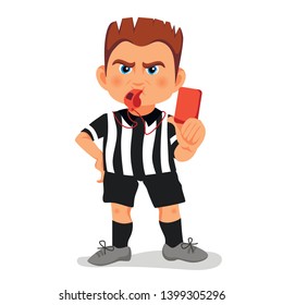 Whistling soccer referee showing red card during match, human character vector illustration. Sport cartoon design in flat style, football arbitrator with red colored paper in raised hand