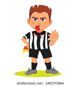 Whistling soccer referee showing stopping hand during match, human character vector illustration. Sport cartoon design, football arbitrator with red and yellow cards in hand