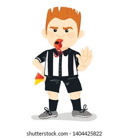 Whistling soccer referee showing stopping hand during match, human character vector illustration. Sport hand drawn cartoon, football arbitrator with red and yellow cards in hand