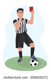 Un árbitro del fútbol que silba muestra la mano detenida durante el partido, ilustración del personaje humano. Caricatura de dibujos a mano deportiva, árbitro de fútbol, ícono de silbidos juez de fútbol, entrenador de fútbol, golpe policial.Vector 