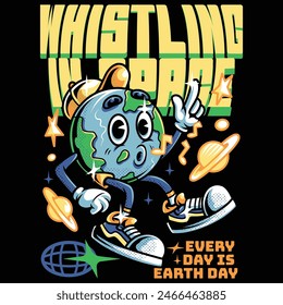 Whistling in Space Earth Cartoon with Retro Style Illustration