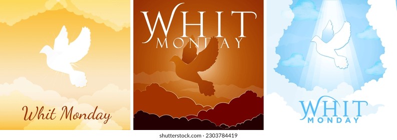 Whit Monday greeting card set. Beautiful Dove on heavenly sky with clouds and Whit Monday Serif Text greeting. Dove silhouette for religious holiday. Sunset and blue sky. Vector Illustration. EPS 10.